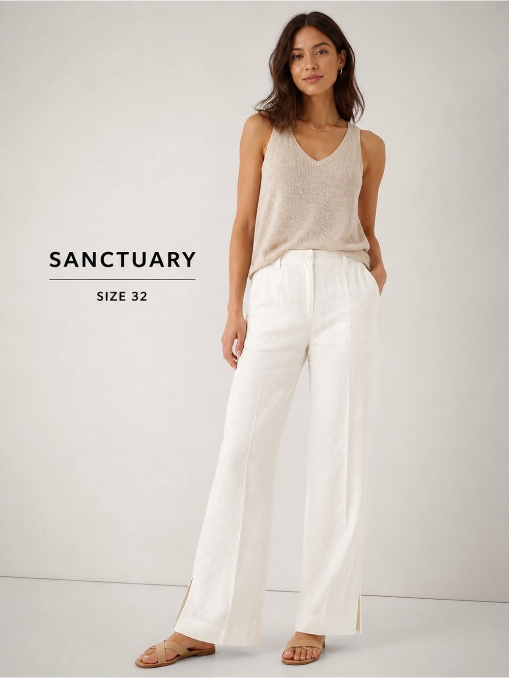 Sanctuary White Linen Blend Pants Size 32 Lined Side Slit Wide Leg NWT